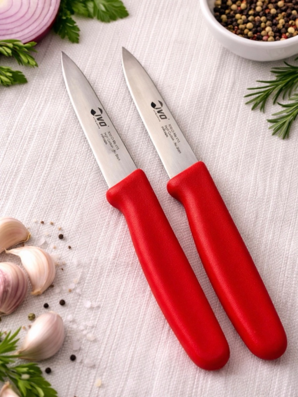 Set of 2 Red Paring Knives IVO Cutelarias High Carbon Portugal Excellent(F145)